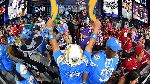 Apr 25, 2019; Nashville, TN, USA; to the Los Angeles Chargers fans prior to the start of the 2019 NFL Draft in Downtown Nashville. Mandatory Credit: Christopher Hanewinckel-USA TODAY Sports